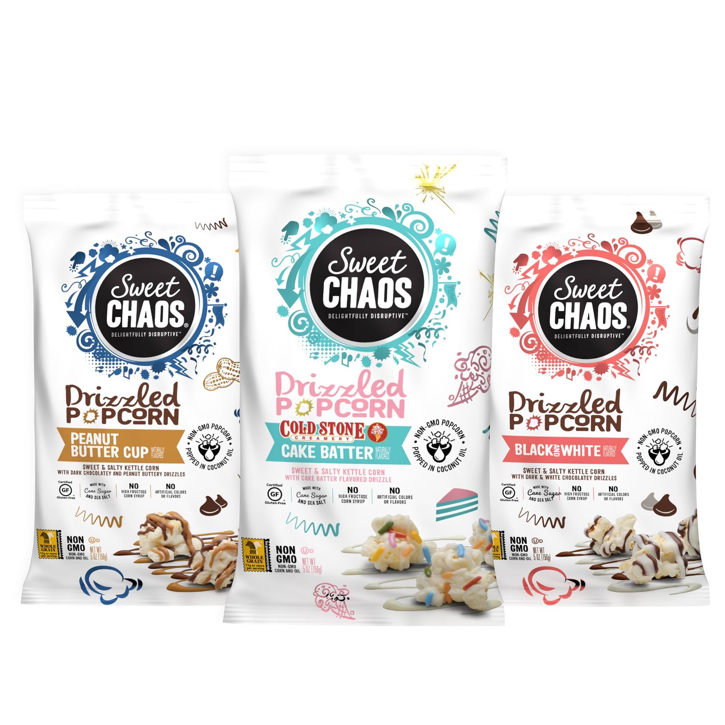 Sweet Chaos Cake Batter  Peanut Butter Cup  Black And White Drizzled Popcorn | Naturally Flavored Gourmet Popcorn Snack | Sweet & Salty Kettle Corn | 5 Ounce