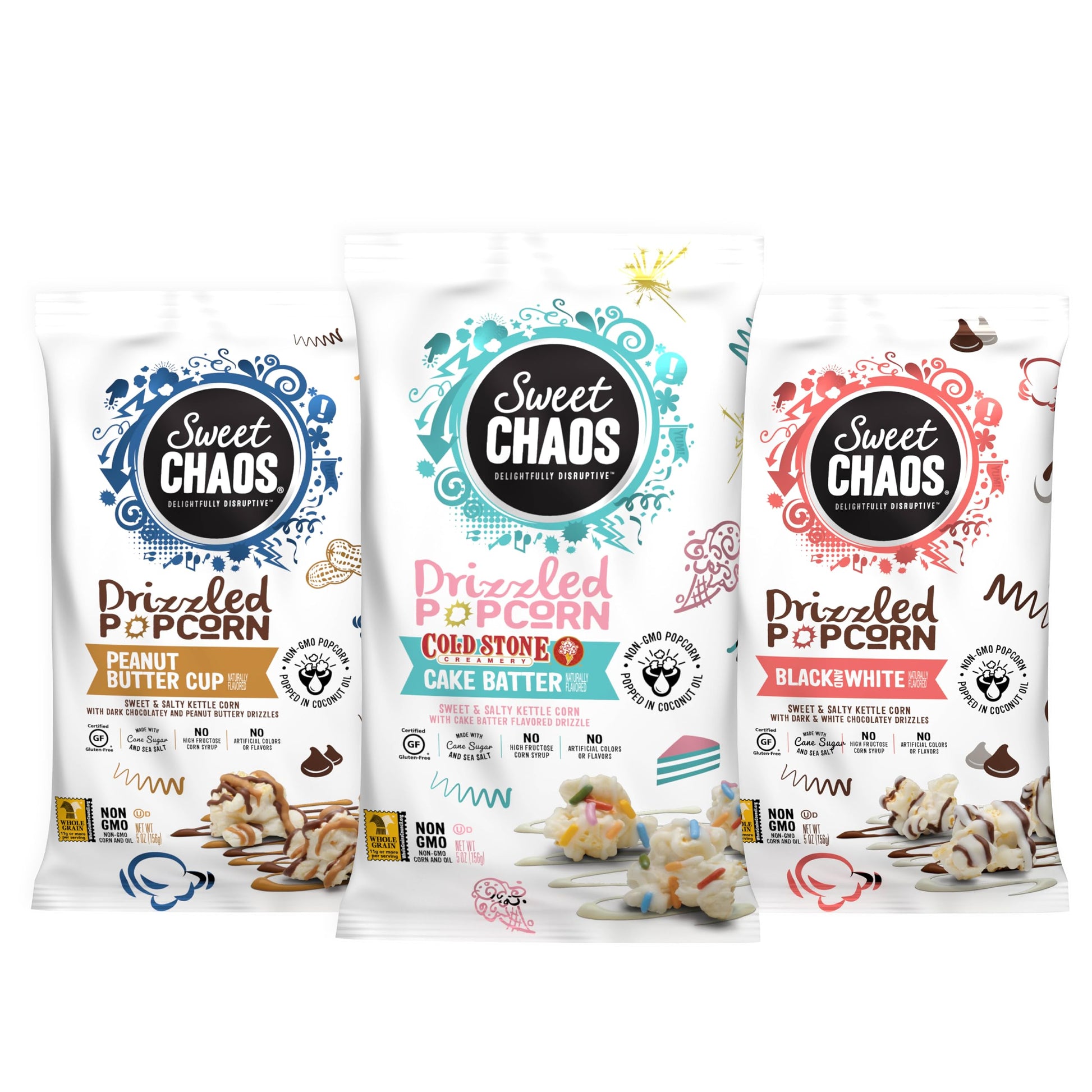 Sweet Chaos Cake Batter  Peanut Butter Cup  Black And White Drizzled Popcorn | Naturally Flavored Gourmet Popcorn Snack | Sweet & Salty Kettle Corn | 5 Ounce