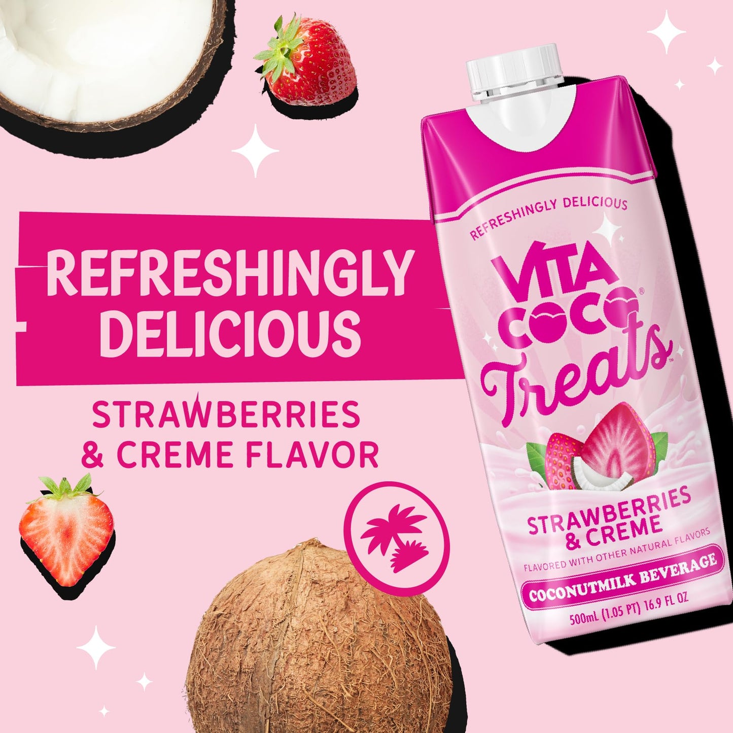 Vita Coco Treats Strawberries & Cream Coconut Milk Drink | Sweet, Refreshing, Treat | Lower Sugar Pink Drink Alternative| 16.9 f