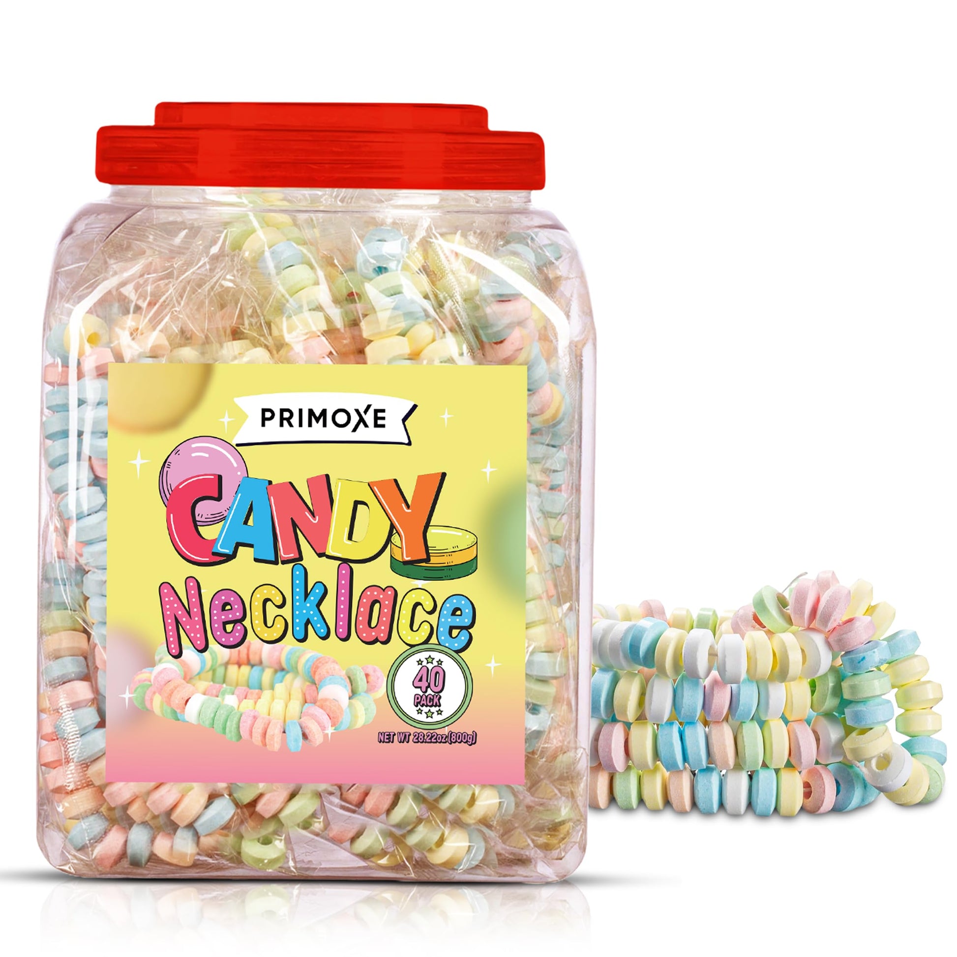Candy Necklaces Individually Wrapped - 40 Pack Bulk Candy (28.22oz / 800g) - Edible Jewelry for Kids, Party Favors, 80s Nostalgi