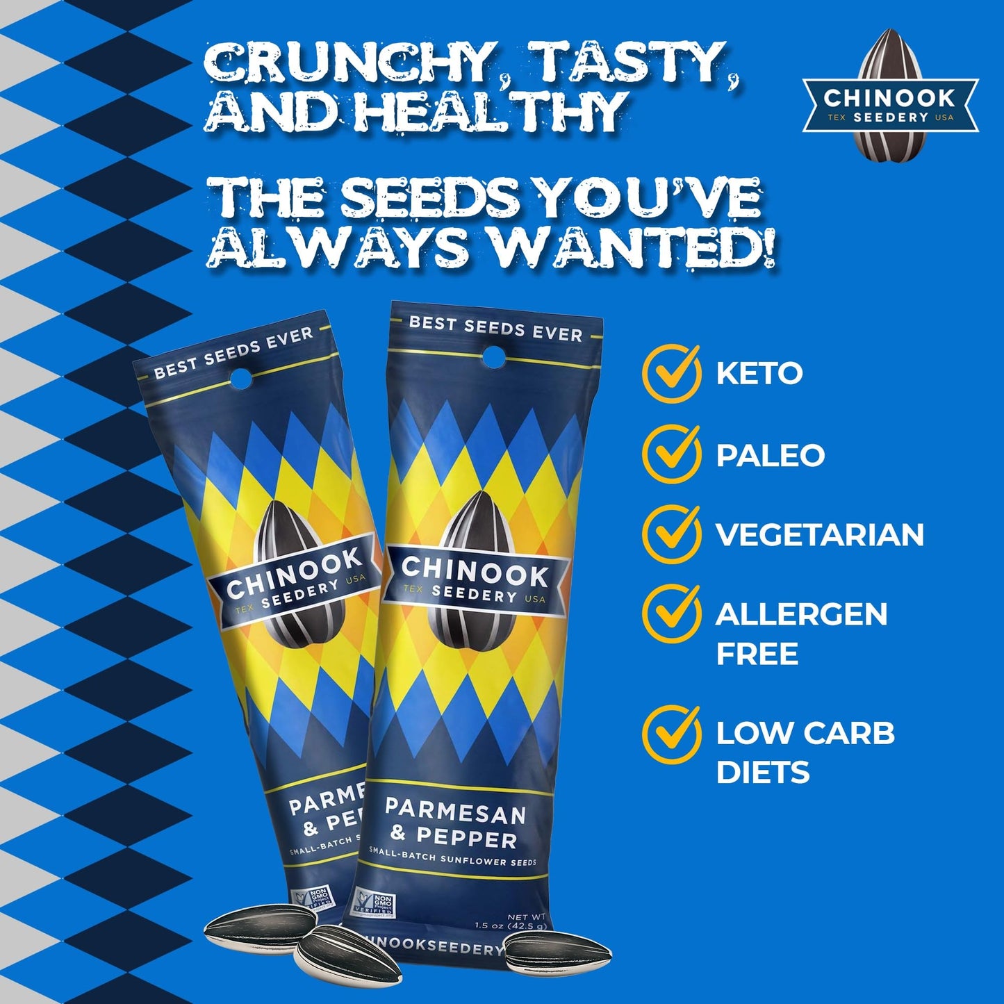 Chinook Seedery Roasted Sunflower Seeds to Eat -1.5 oz (Pack of 36) Parmesan & Pepper - Jumbo Low Sodium Sunflower Seeds Keto Sn