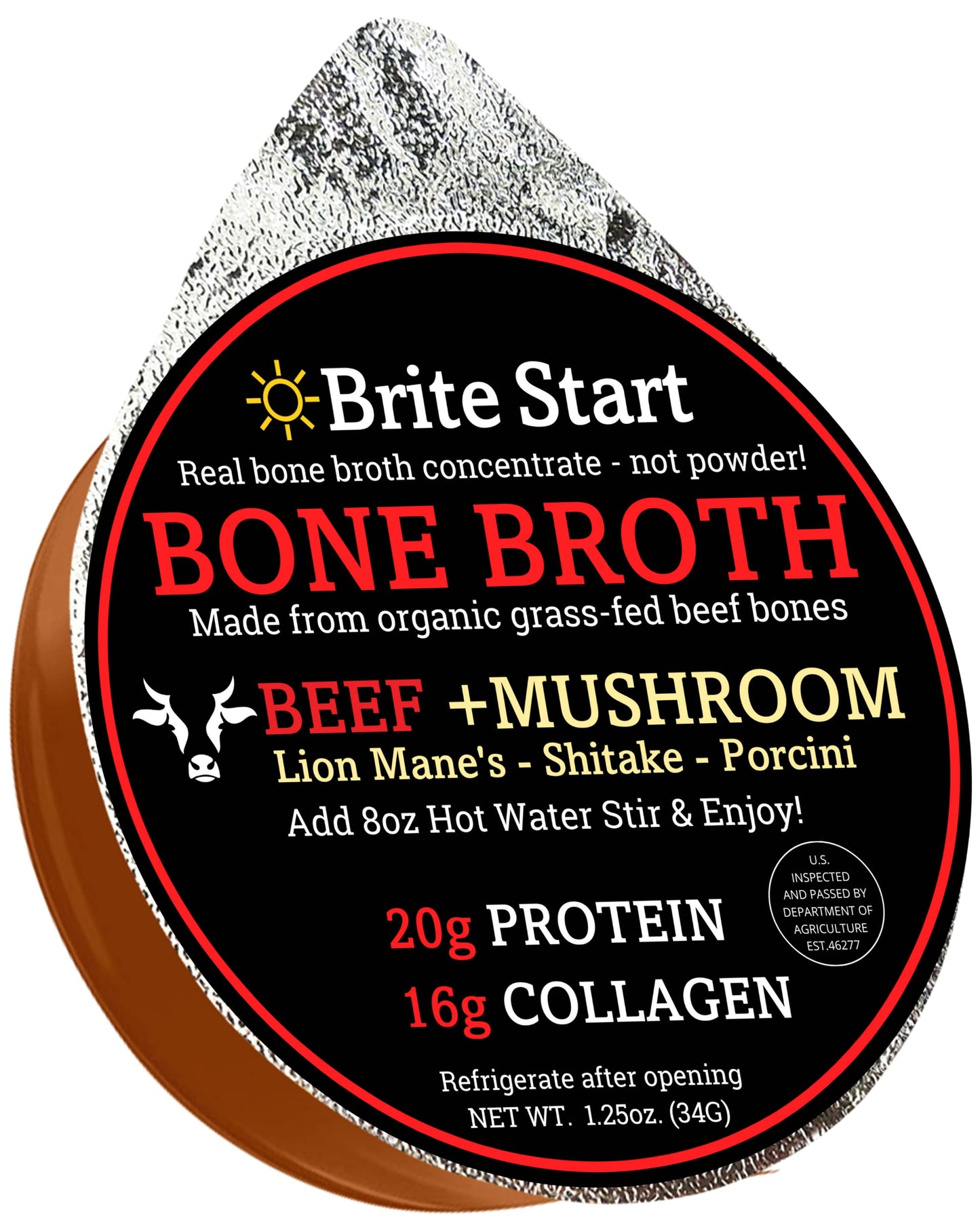 Brite Start Bone Broth - Beef + Mushrooms - Porcini, Shitake, Lions Mane - 12 Count - Keto Friendly Concentrate -16g Collagen 20