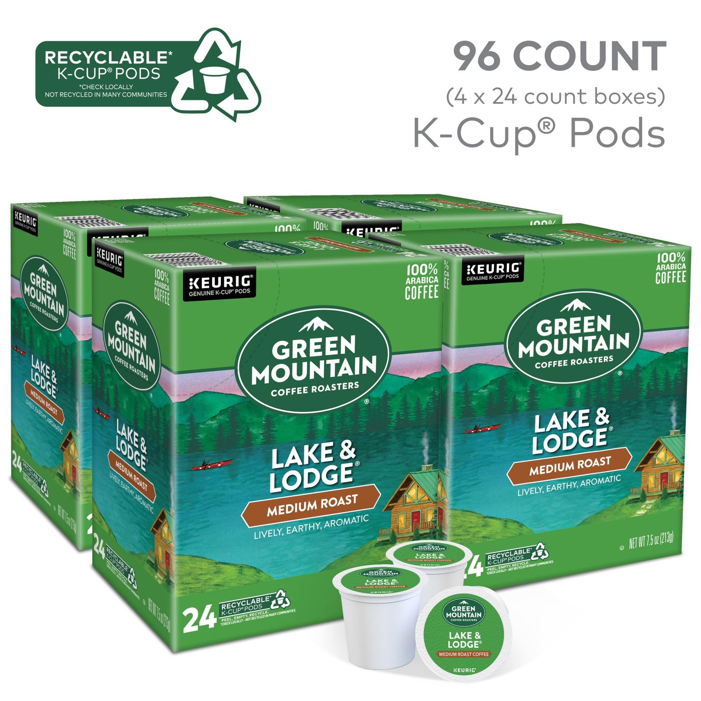 Green Mountain Coffee Roasters Lake And Lodge Blend Keurig Single-Serve K-Cup Pods, Medium Roast Coffee, 96 Count (4 Packs Of 24)