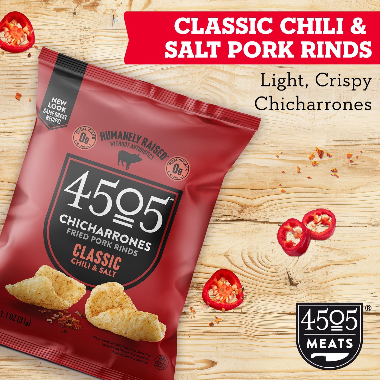 4504 Chicharrones Fried Pork Rinds - Flavored Pork Skins - Low Carb, Gluten-Free, Protein Snack (Classic Chili & Salt)