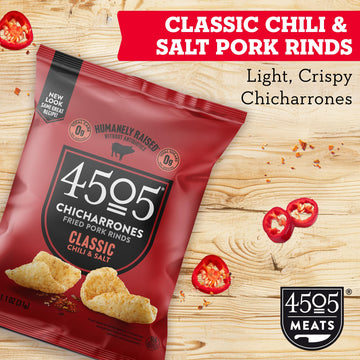4504 Chicharrones Fried Pork Rinds - Flavored Pork Skins - Low Carb, Gluten-Free, Protein Snack (Classic Chili & Salt)