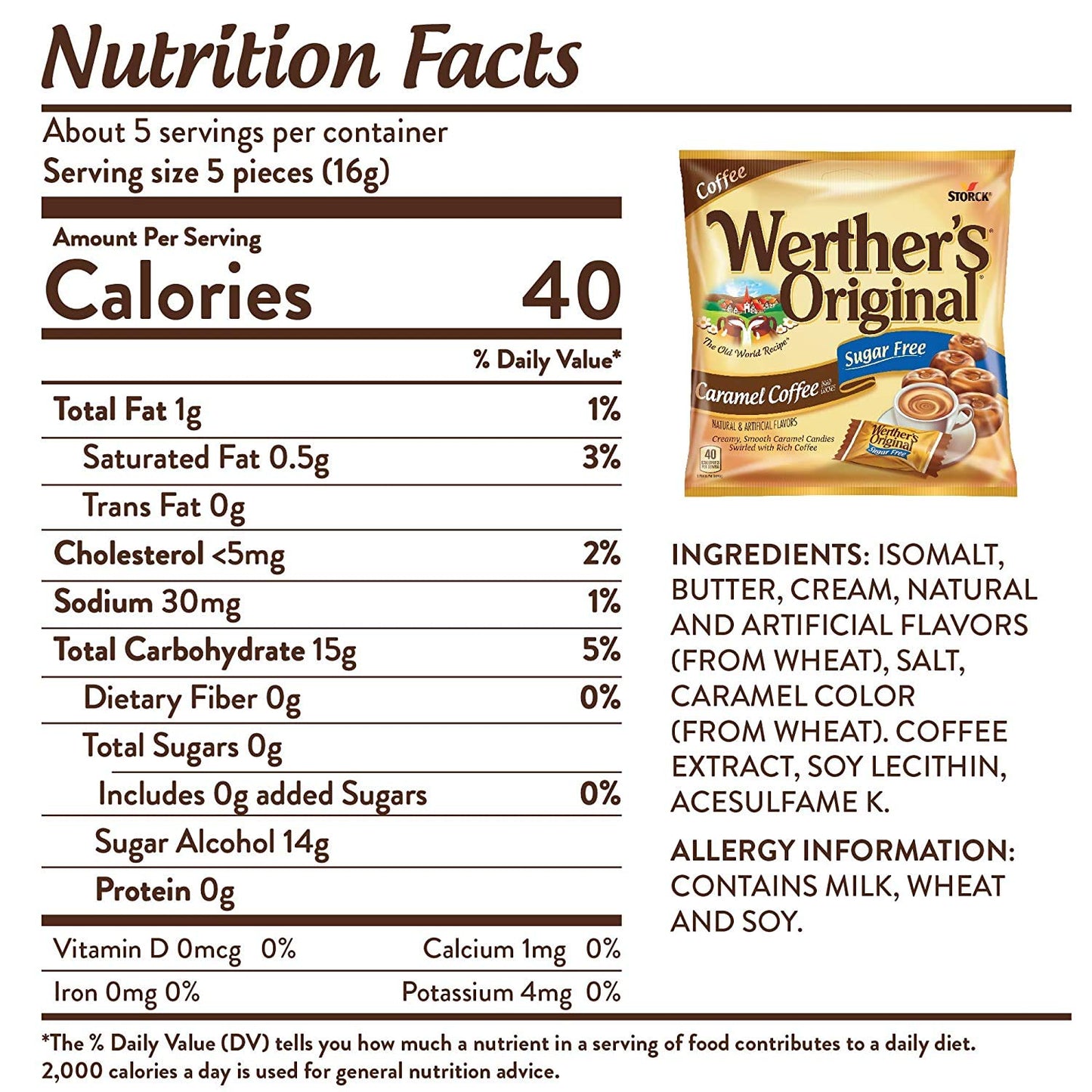 Storck Usa Werthers Sugar Free Caramel Coffee Hard Candies, 2.75 Oz