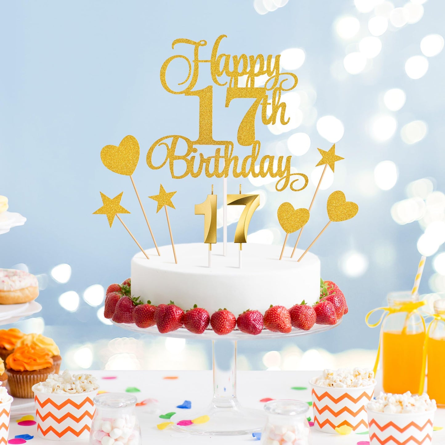 Lecferrarc 17th Birthday Cake Decorations Set, Gold Glitter Toppers and Candles