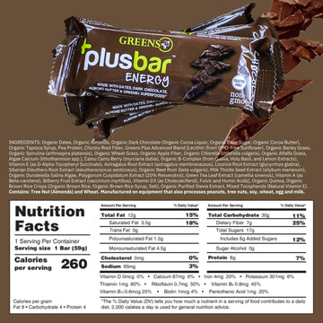 Greens+ Plusbar Energy Bars, Chocolate, Gluten Free Healthy Snacks with Organic Super Greens, Superfoods & Dark Chocolate, Vegan