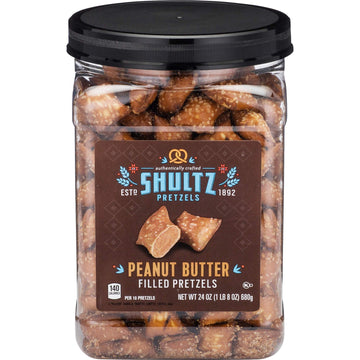 Office Snax Case of 8-1.5lb Tubs Shultz Peanut Butter Filled Pretzels, 24oz Resealable Container, Salted pretzel with Peanut But