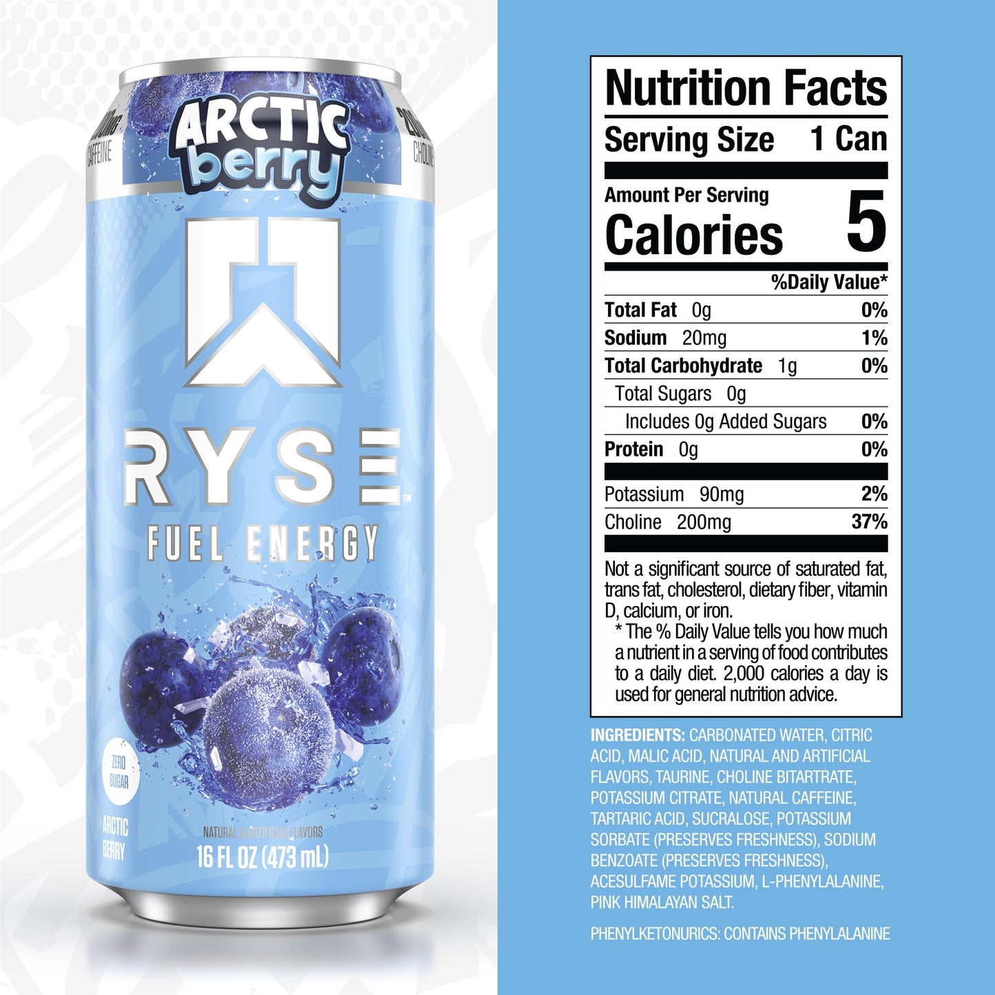 RYSE Fuel Energy Drink - Arctic Berry - Sugar Free, Vegan - 200mg Caffeine - 16 fl oz Cans (12-Pack)