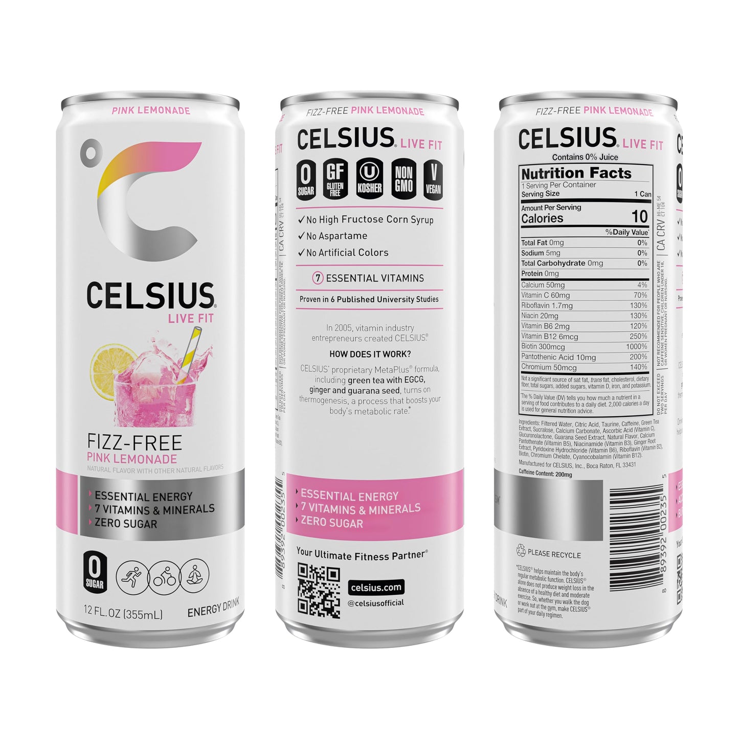 CELSIUS Fizz Free Pink Lemonade  Sugar Free Energy Drink  12 Fl Oz (Pack of 12)