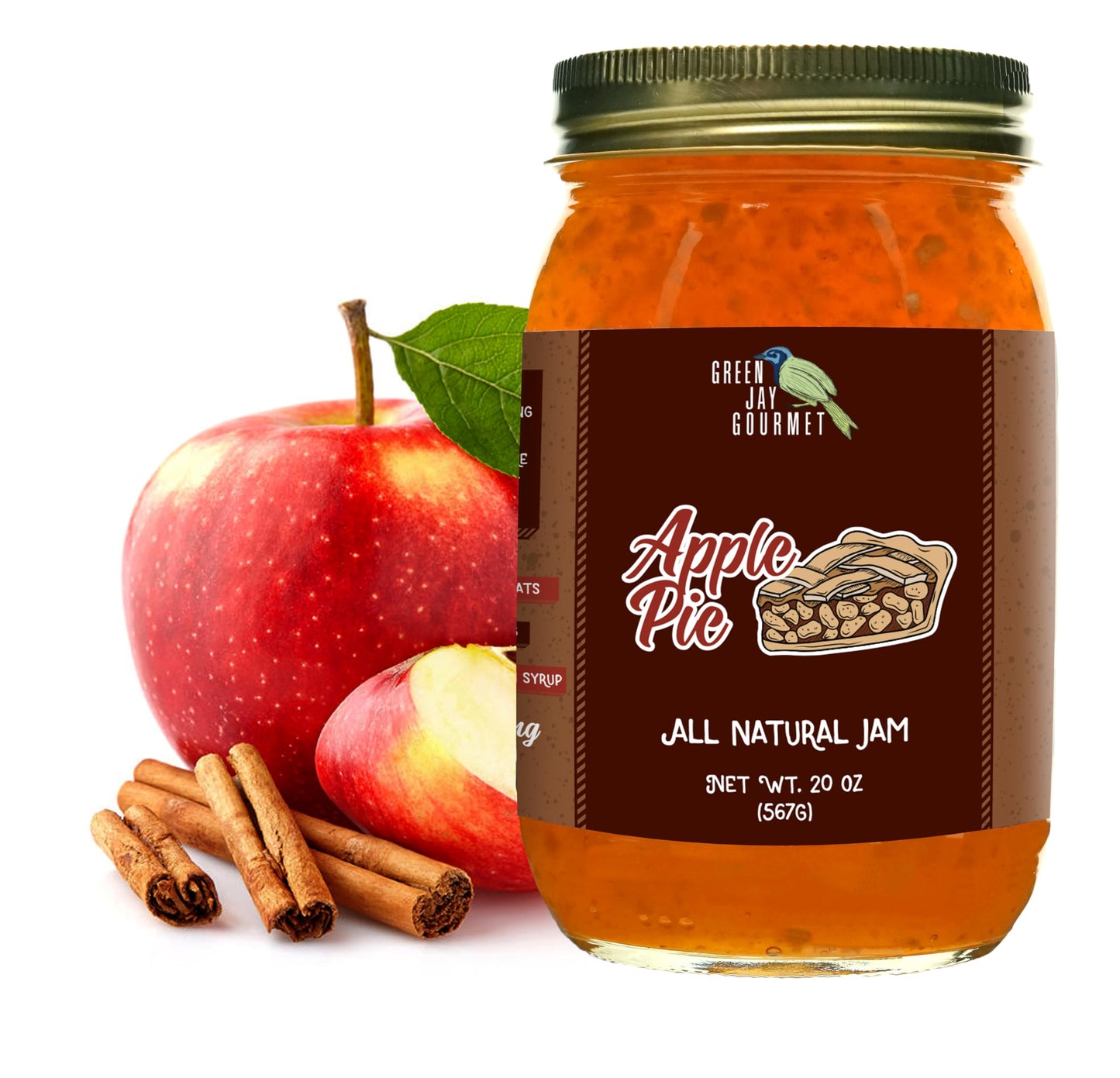 Green Jay Gourmet Apple Pie Jam - Vegan, Gluten-Free, All-Natural - 20 Ounces