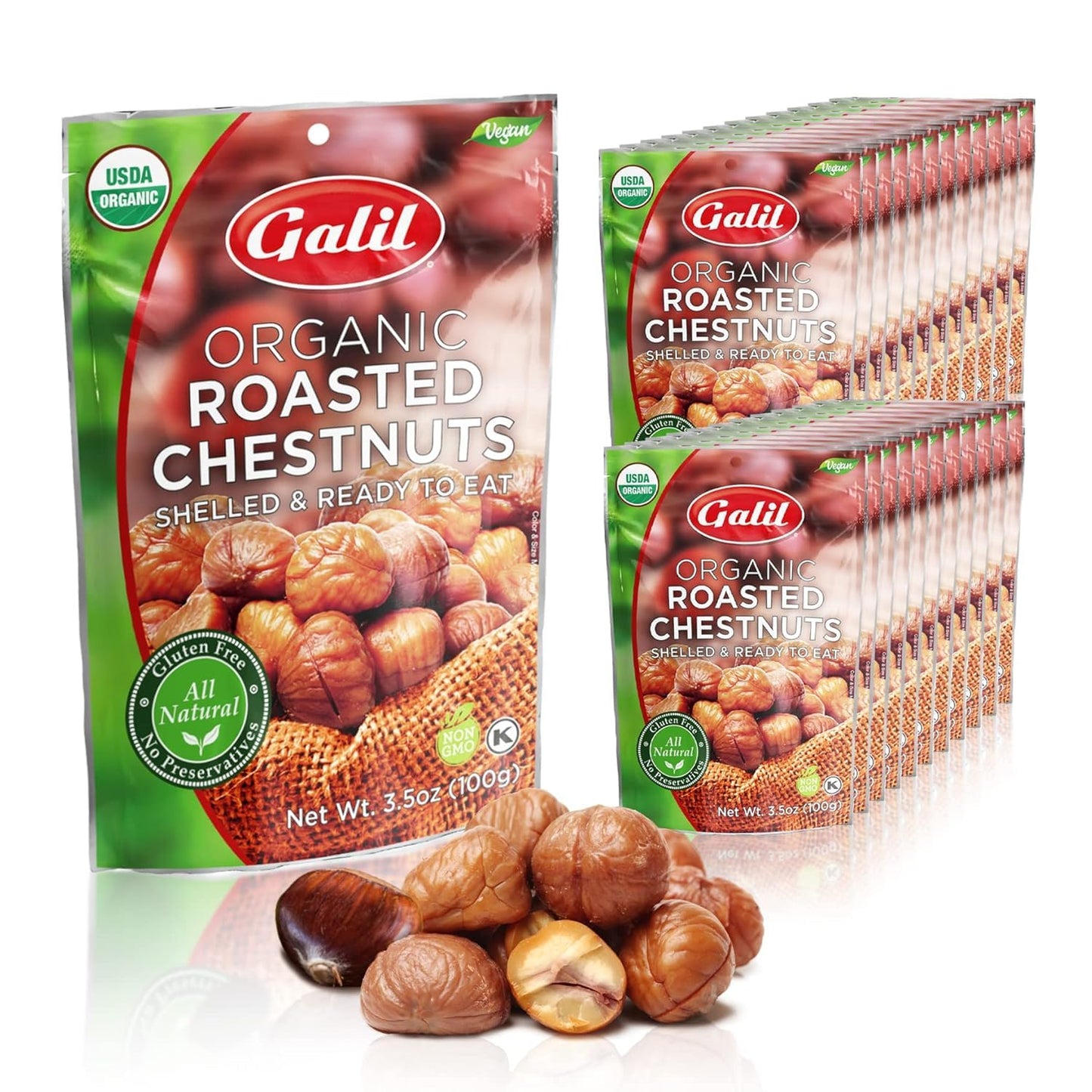 Galil Organic Roasted Chestnuts Pack of 24 Shelled & Ready to Eat Chestnuts - Gluten Free, Vegan, Organic, Non-GMO, Kosher Snack
