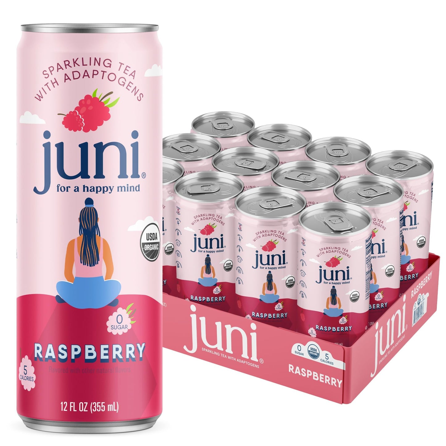 JUNI Sparkling Adaptogen Drink - Raspberry, 12 Fl Oz (Pack of 12), Zero Sugar, Organic, Non-Alcoholic, with Ashwagandha & Mushrooms