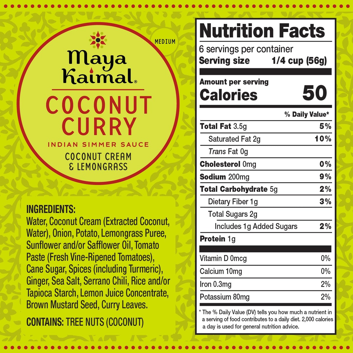 Maya Kaimal Coconut Curry Simmer Sauce, 12.5 Oz, Medium Spiced Indian Simmer Sauce With Coconut Cream And Lemongrass, Vegan, Dai