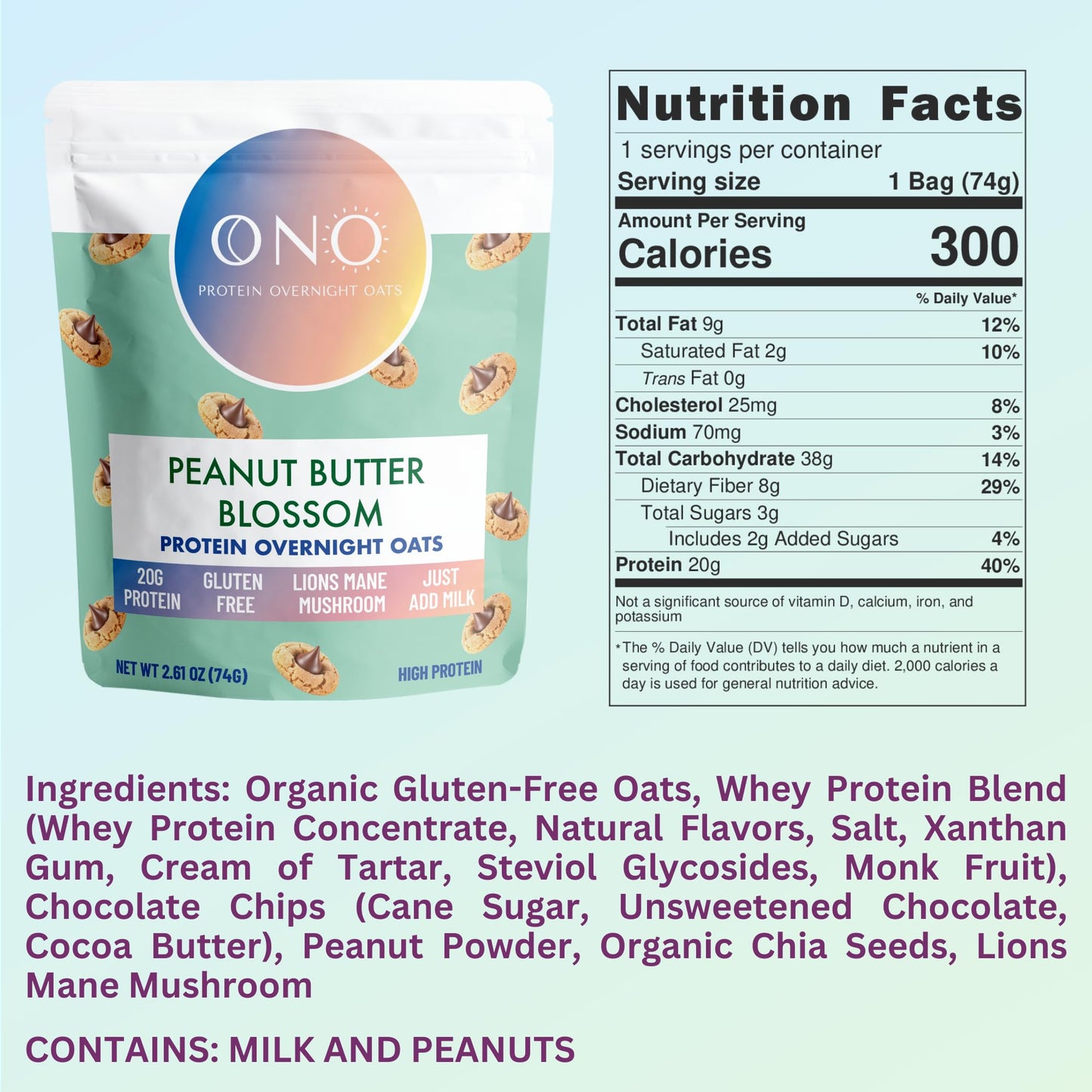 Ono Overnight Oats - Chocolate Peanut Butter Protein Oatmeal (6 Pack)- 20G Whey Protein Powder, High Fiber, Low Sugar, Organic G