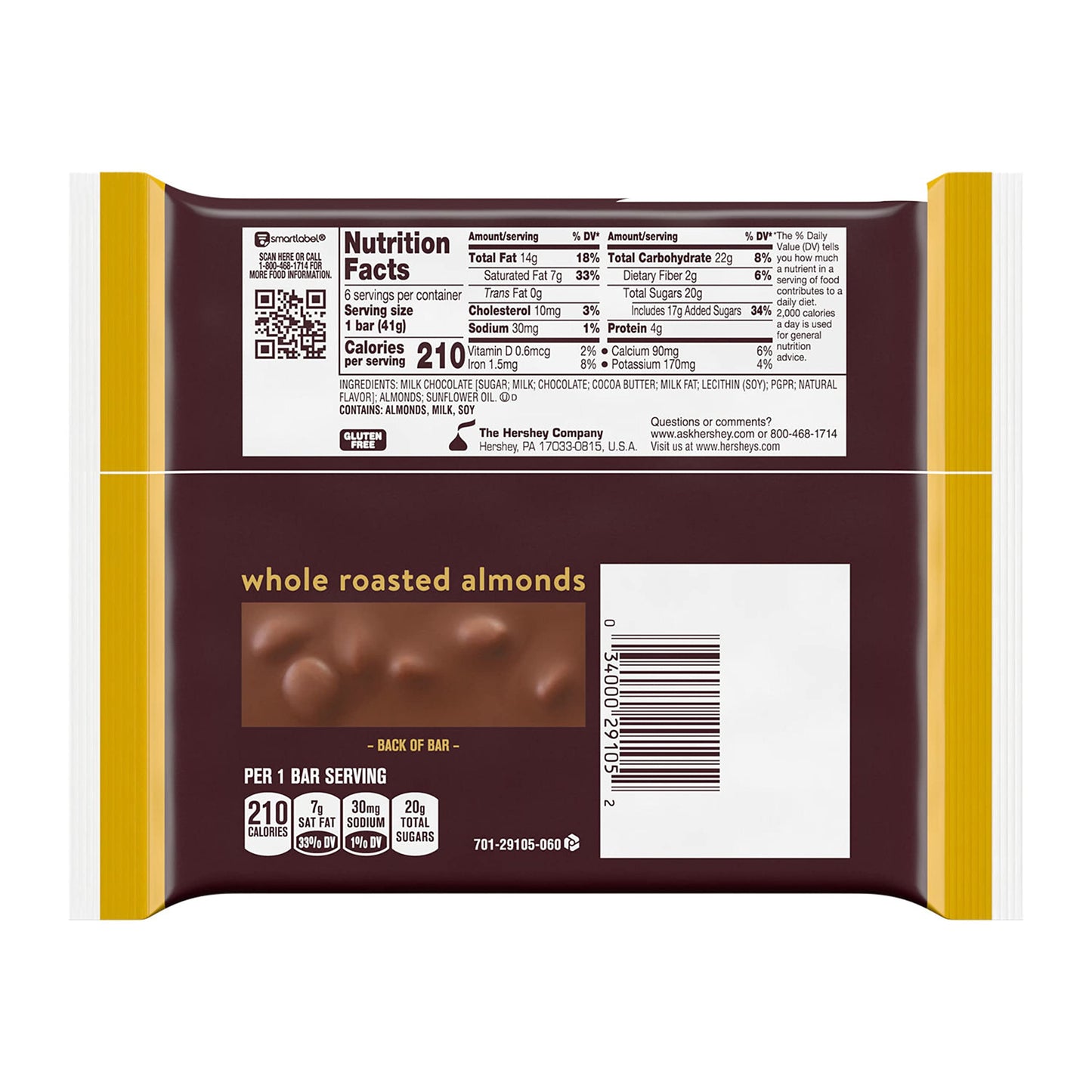 HERSHEYS Milk Chocolate with Whole Almonds Candy Bars, 1.45 oz (6 Count)