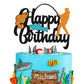 YOYMARR Fish Cake Topper Happy Birthday Sign, Black Glitter Decor, 7.3 x 5.9 for Fisherman Themed Party