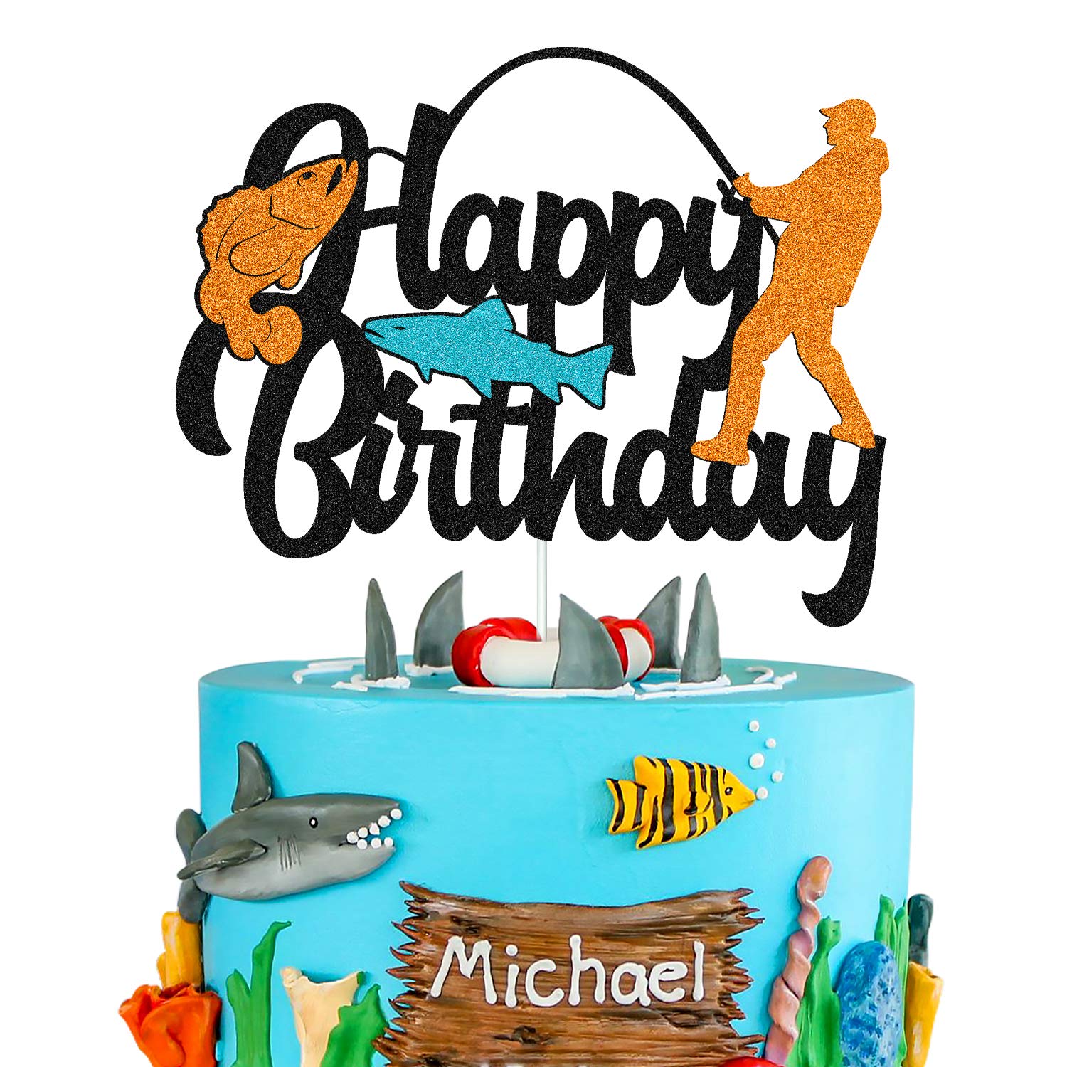YOYMARR Fish Cake Topper Happy Birthday Sign, Black Glitter Decor, 7.3 x 5.9 for Fisherman Themed Party
