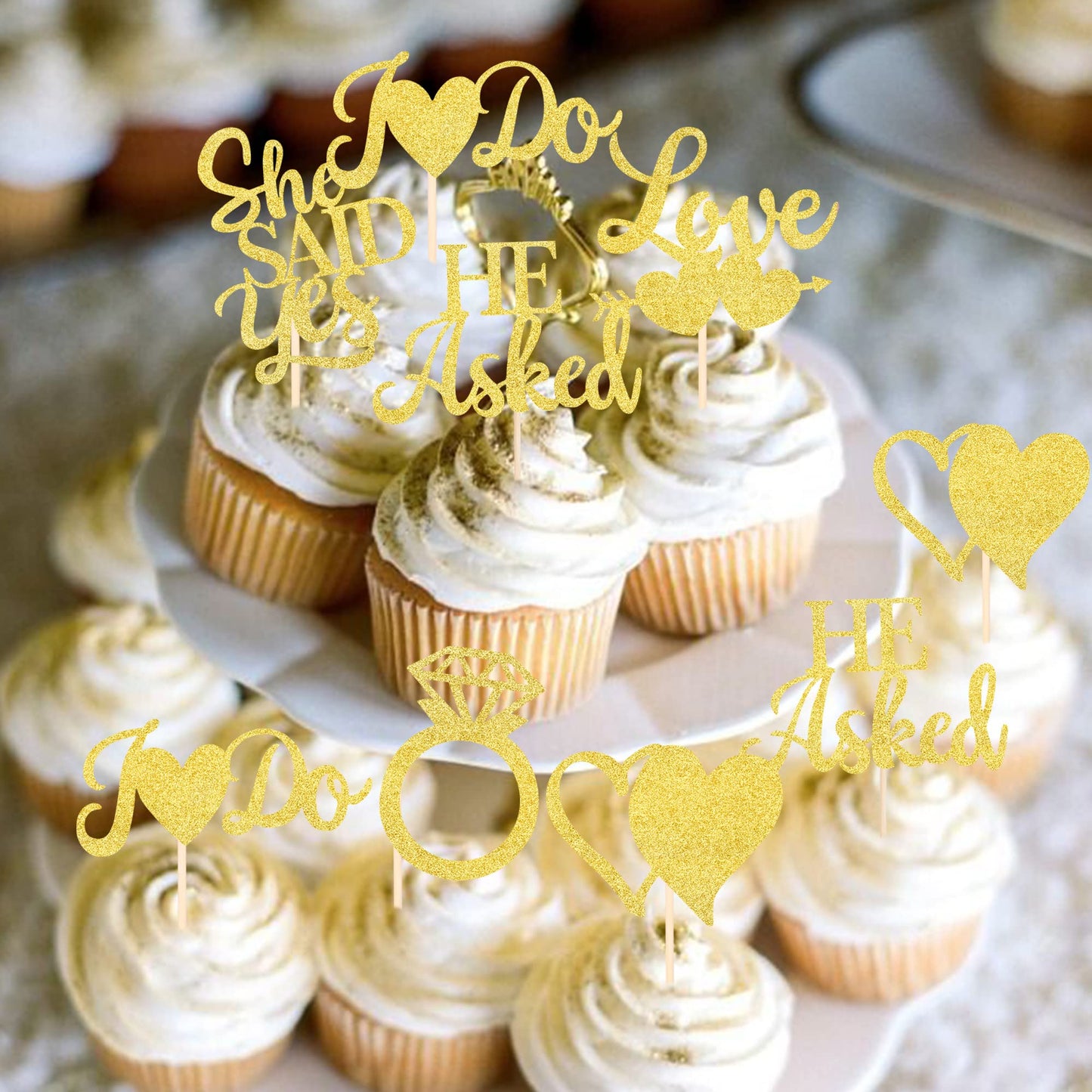 YCTHUNFISH Cupcake Toppers, 36 Pack Gold Glitter Heart and Ring Picks, Bamboo, Small for Wedding Engagement Bridal Shower Decor