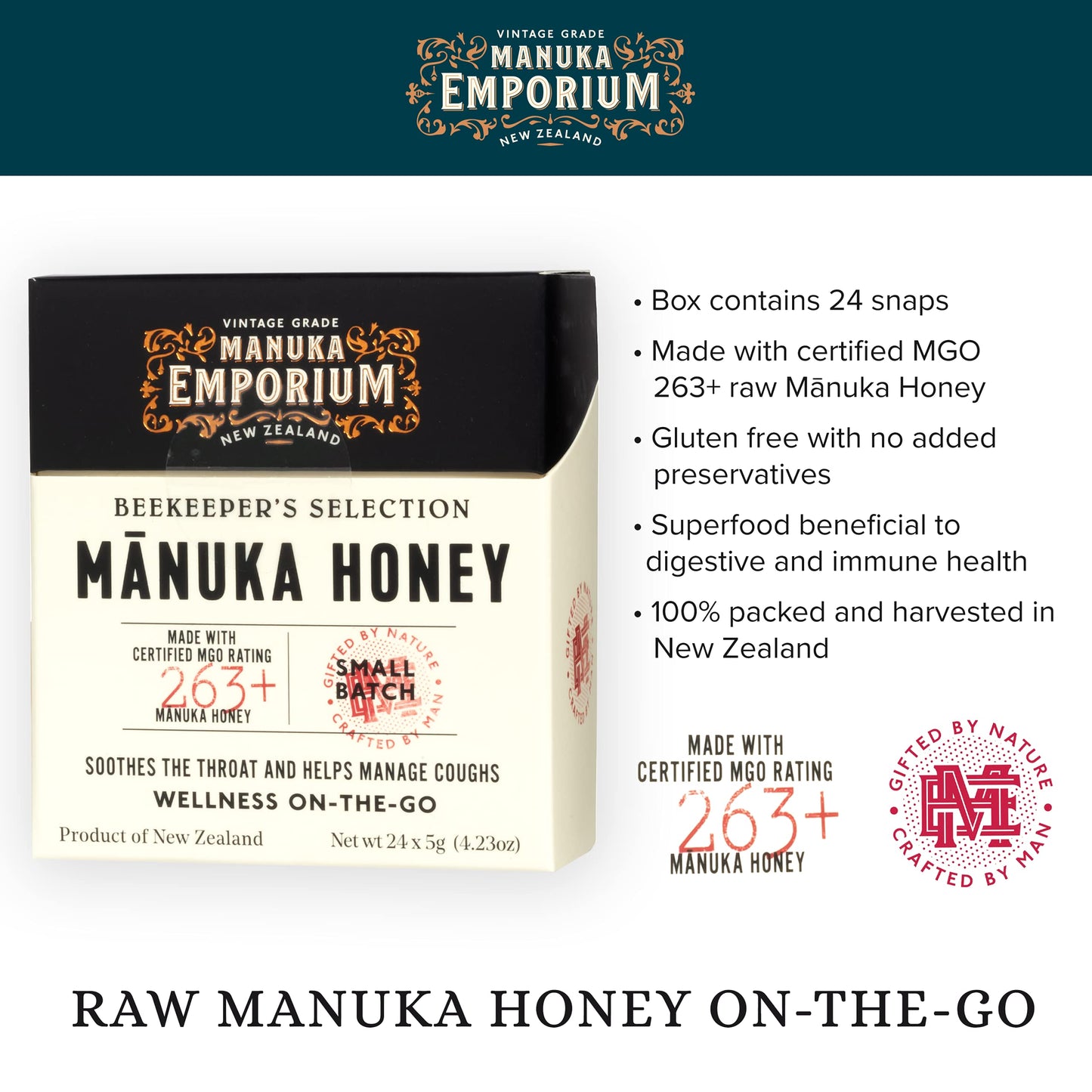Manuka Emporium Raw Manuka Honey Packets Mgo 263+ | 24 X 0.18Oz Single-Serve Snaps | Certified Monofloral New Zealand Honey | Umf 10+ Equivalent | Travel-Friendly Superfood For Daily Wellness