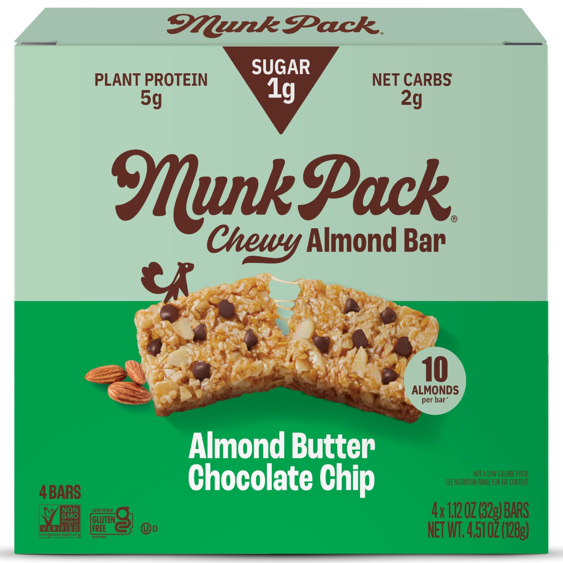 Munk Pack Chewy Granola Bars, Almond Butter Chocolate Chip, Low Sugar, 5g Protein, Gluten Free, 12 Count