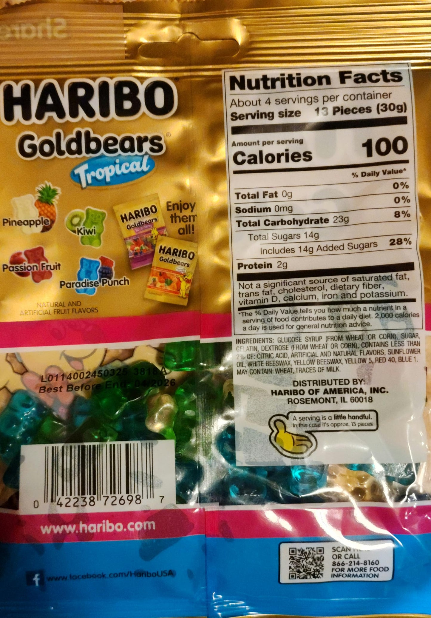 Haribo Goldbears Gummi Bears Tropical Flavors, 4oz Share Size, Pineapple, Kiwi, Passion Fruit, Paradise Punch
