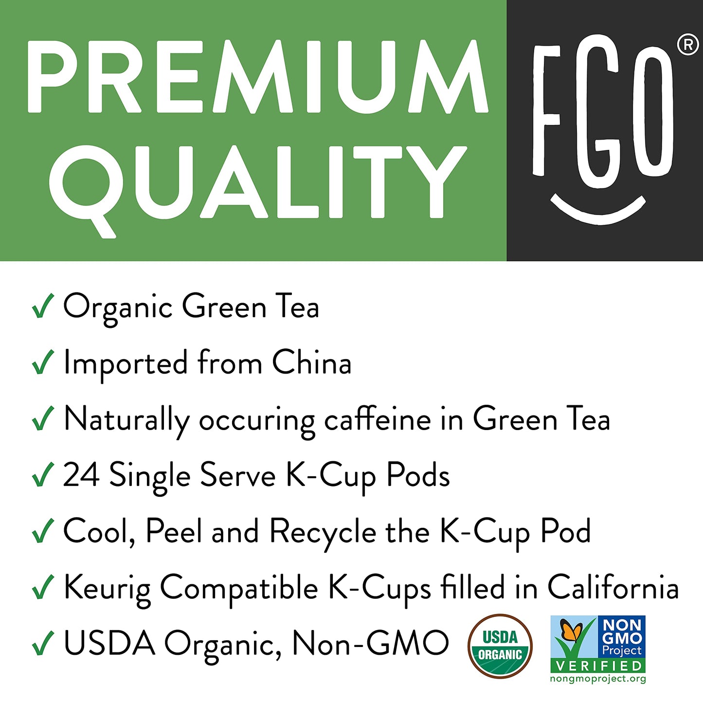 FGO Organic Green Tea K-Cup Pods, Non-GMO, Recyclable, Naturally Caffeinated, 24 Count