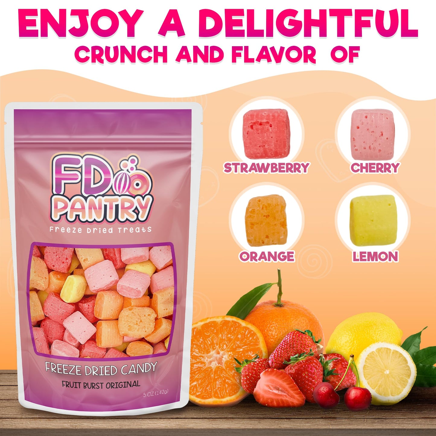 Freeze Dried Fruit Bursts Candy - Original Hard Candy Mix 5oz Treat Snack Gift Bag Cherry, Strawberry, Lemon, Orange Candies Fre