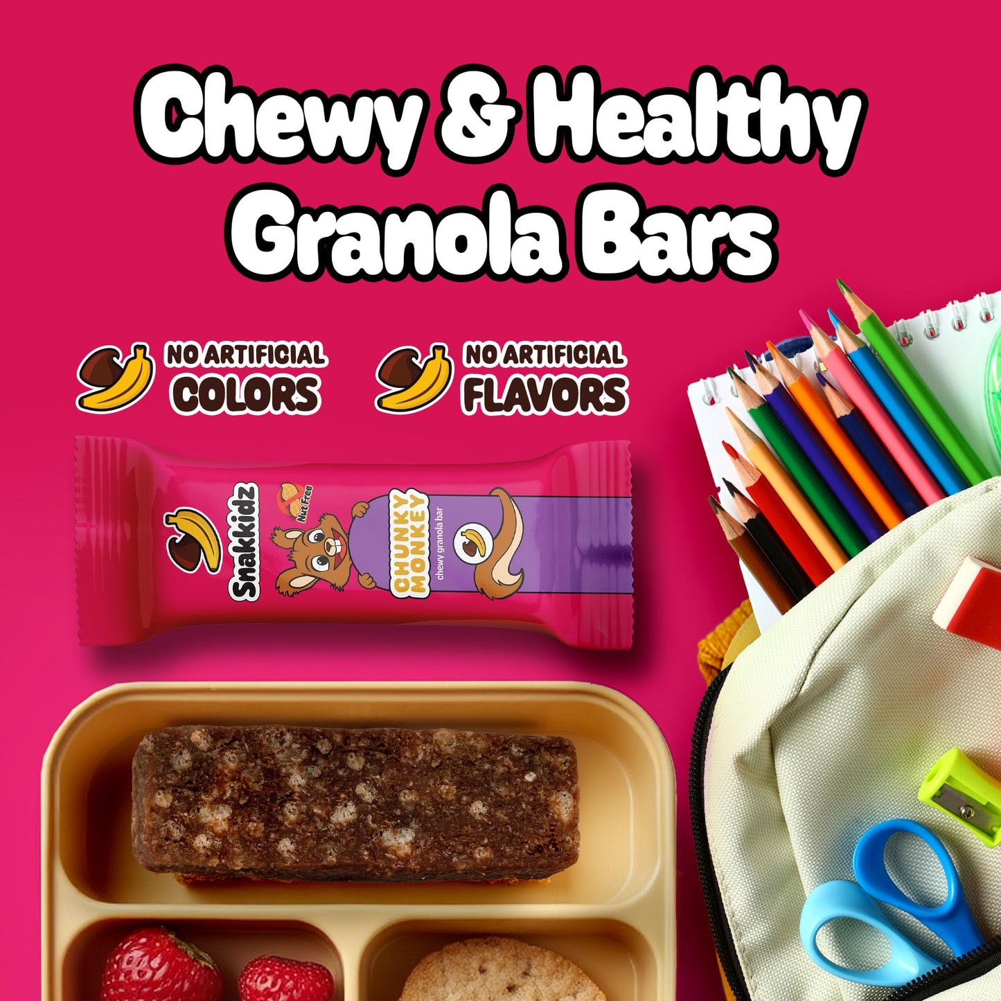 Snakkidz Organic Chewy Granola Bar, Allergen Free, Low Sugar, 15 Bars, Chunky Monkey, Brown