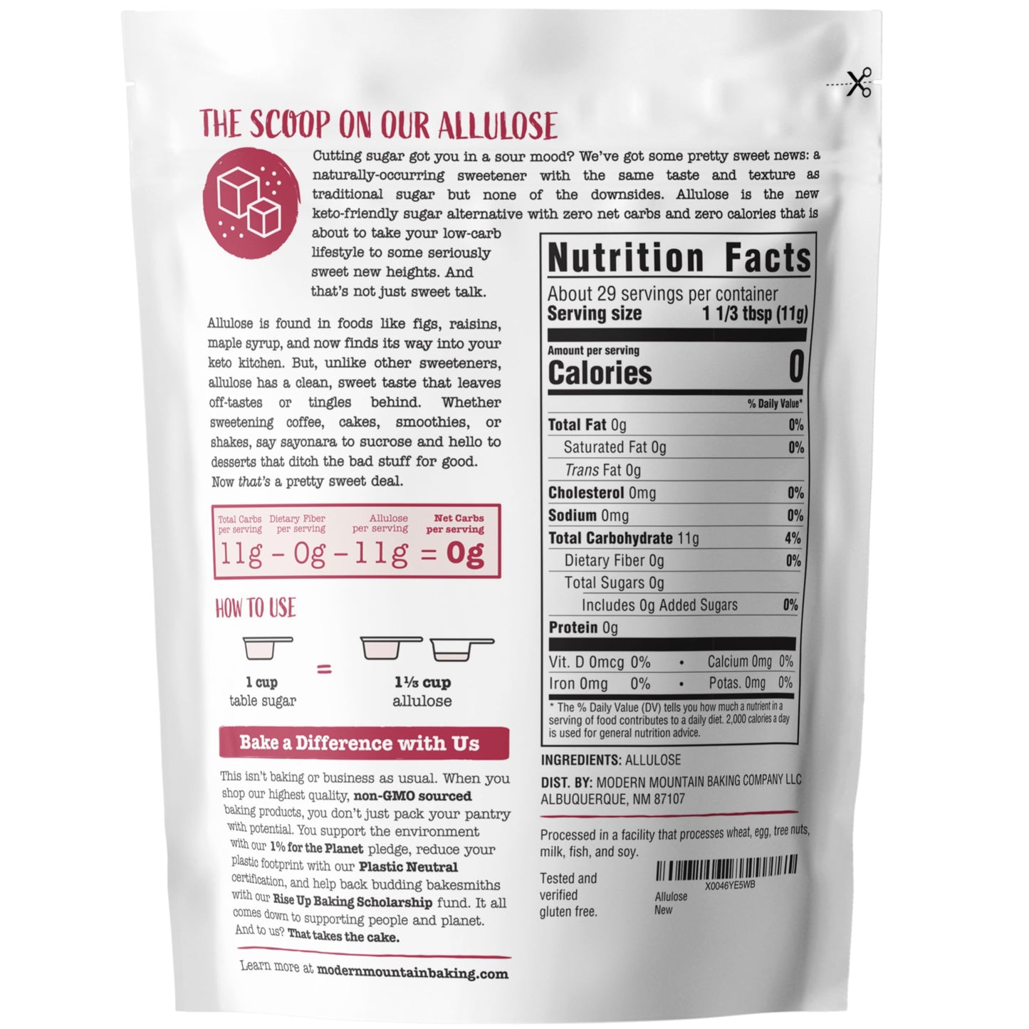 MODERN MOUNTAIN Allulose Sweetener Keto Sugar Substitute, 0g Net Carbs, 11.3oz, Gluten Free, Non-GMO, Zero Calorie
