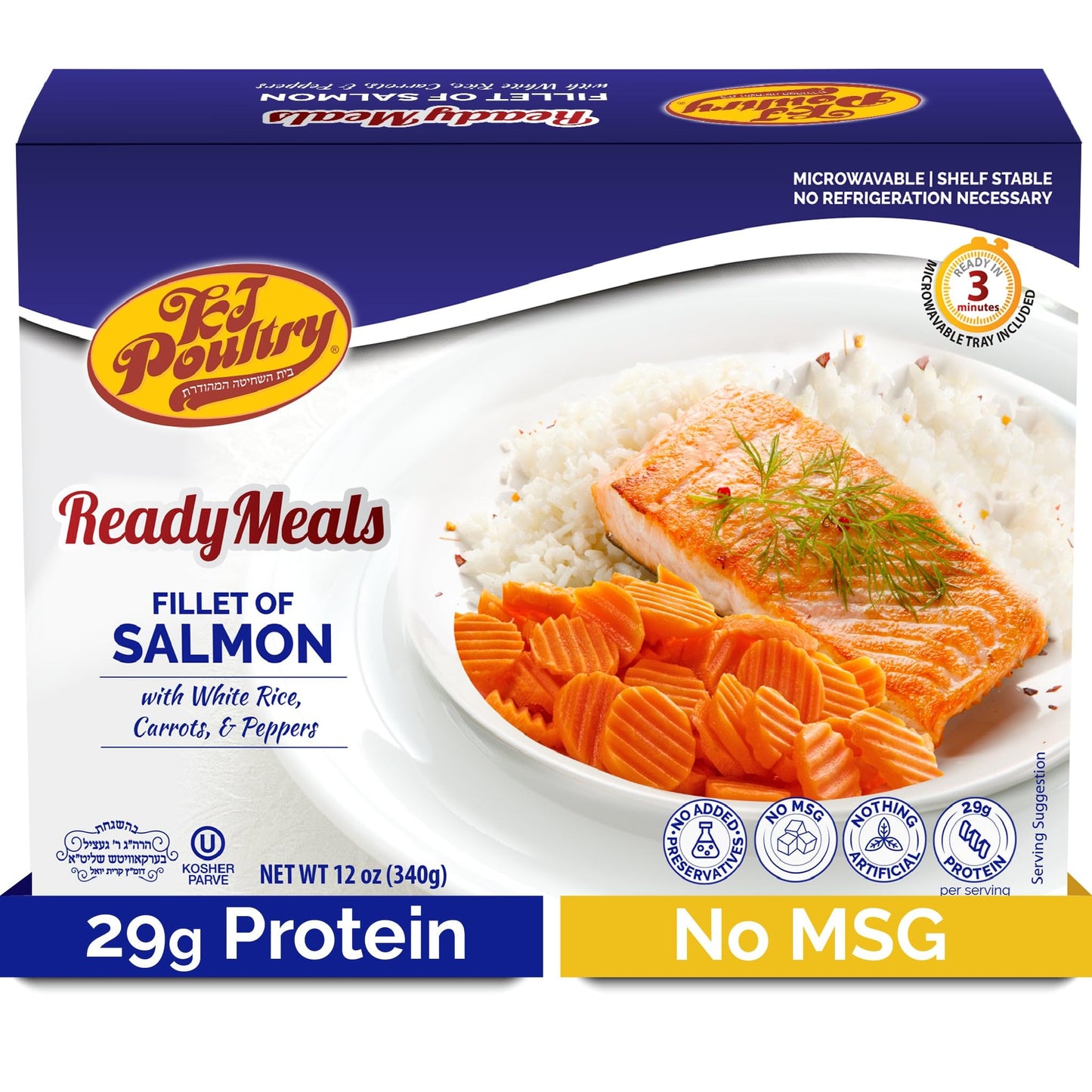 KJ Poultry Kosher Ready Meals - Salmon Fillet Fish, Parve MRE Meal Ready to Eat, Protein Food, Halal, (1 Pack) Prepared Entree F