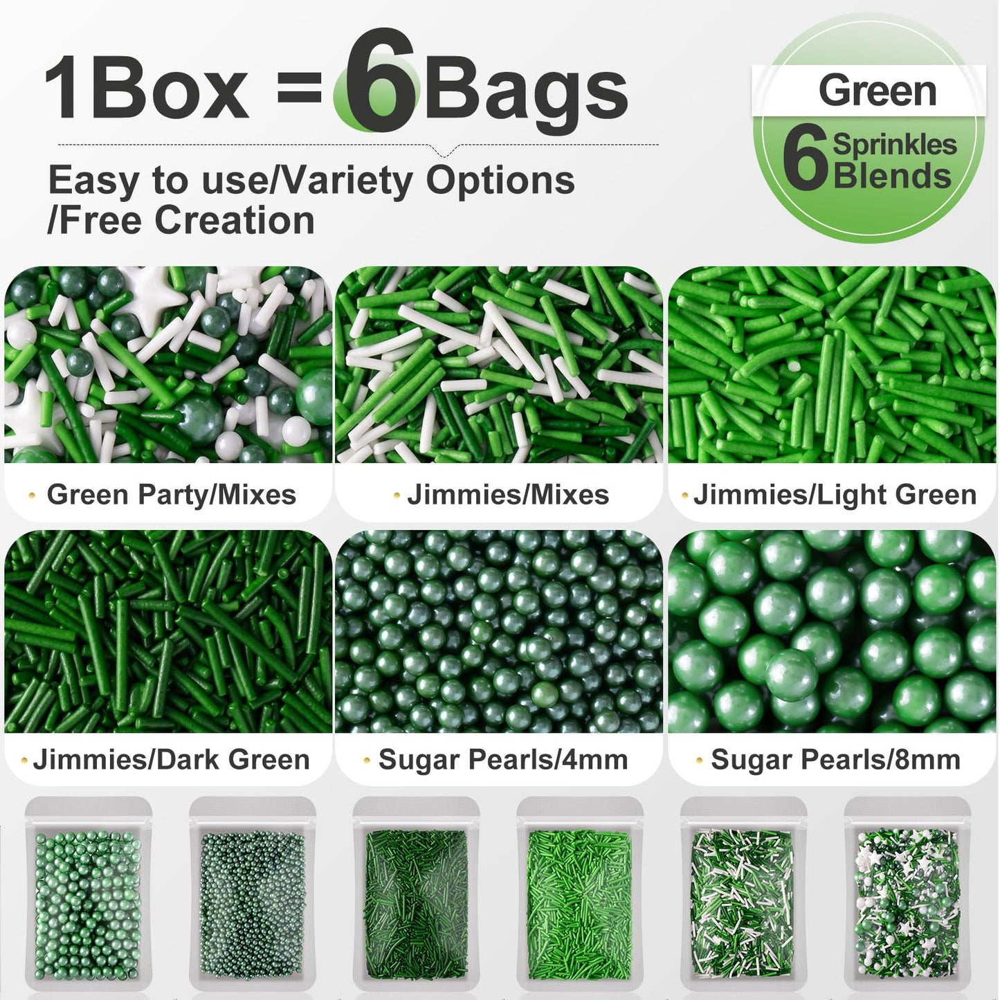HUEBEATY 6-in-1 Edible Green Sprinkles for Cake & Cupcakes Decorating - Jimmies & Sugar Pearls - St. Patricks Day, Spring, Dinos