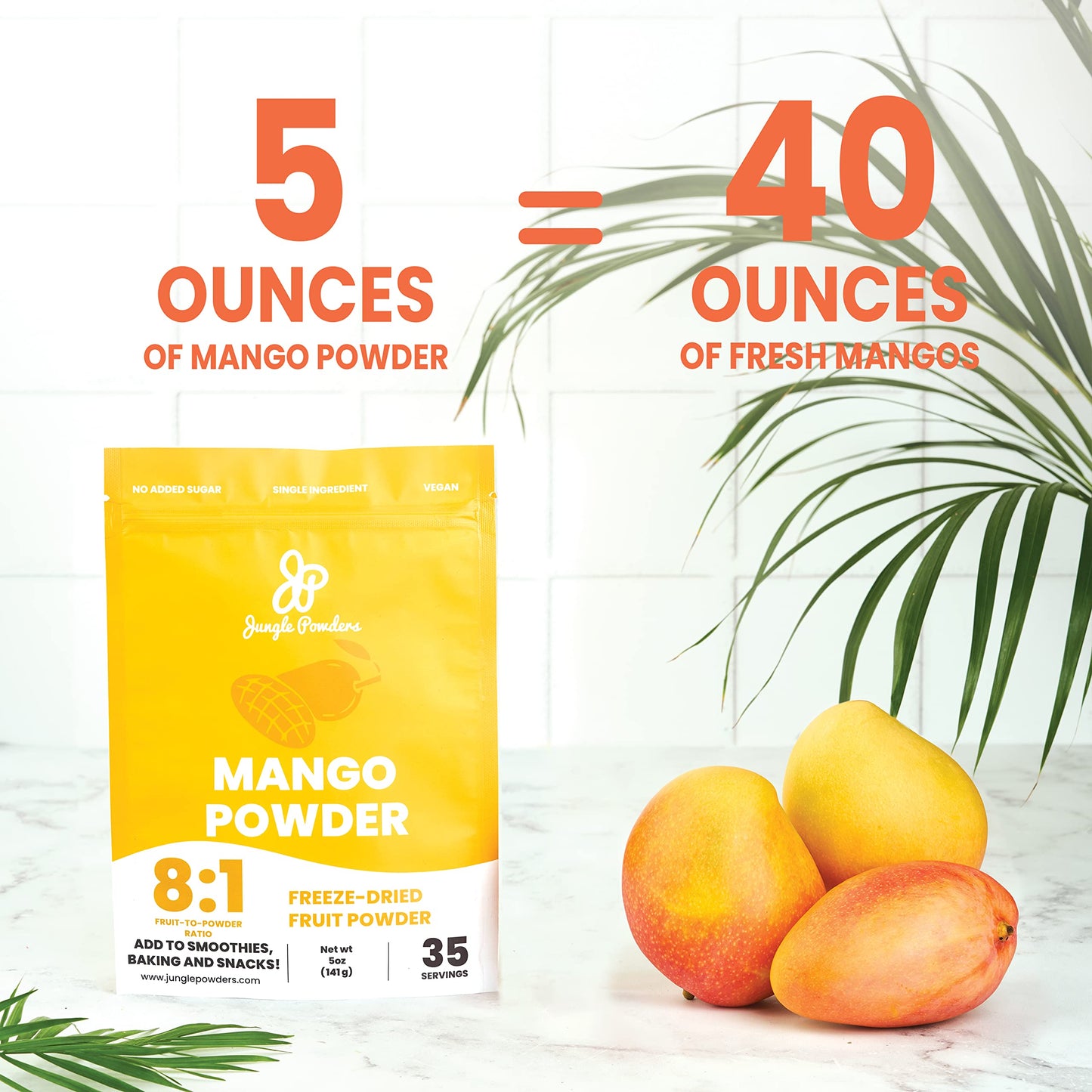 Jungle Powders Freeze Dried Mango Powder 5 Ounce Bag, Mango Extract For Baking No Sugar Added Dry Mango Powder Juice Additive Fr