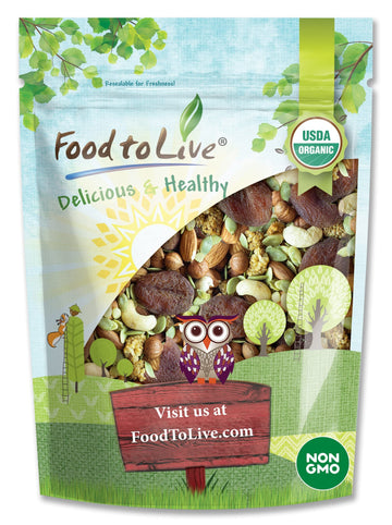 Food to Live Organic 6-Forces Trail Mix, 8 Ounces - Raw, Non-GMO, Mulberries, Cashews, Pumpkin Seeds, Apricots, Hazelnuts, Almon