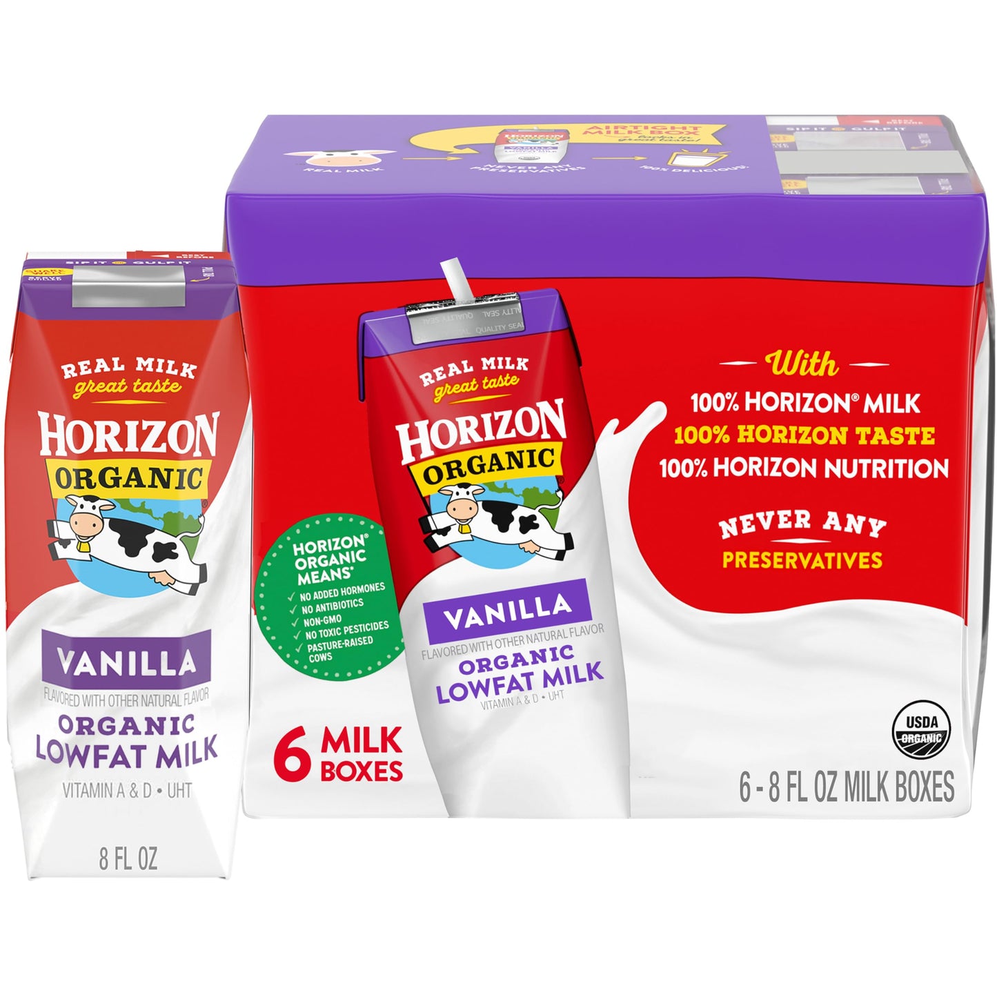 Horizon Organic Shelf Stable 1% Lowfat Vanilla Milk Boxes, 8 Fl Oz, 6 Count - 8G Protein Per Serving, Usda Organic, Ready To Dri