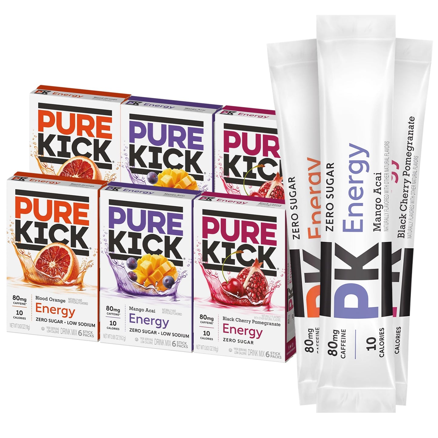 Pure Kick Energy Singles To Go Drink Mix  Variety Pack  2 Boxes Of Each Flavor - Blood Orange  Mango Acai  And Black Cherry Pomegranate (36 Single Servings)