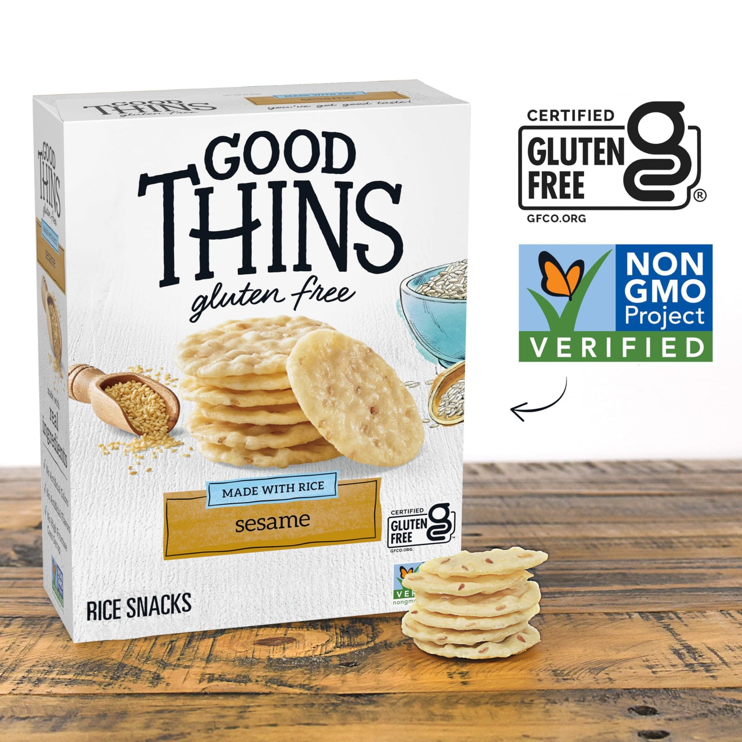 Good Thins Sesame Rice Snacks Gluten Free Crackers, Bulk Snack Crackers, 6-3.5 Oz Boxes