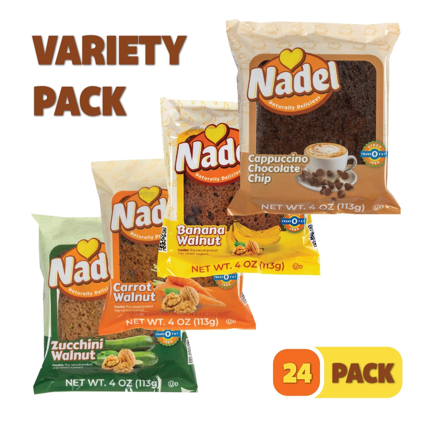 Naturally Delicious Sweet Breads Variety Pack - 24 Pack (Banana Walnut, Cappuccino Chocolate Chip, Carrot Walnut, Zucchini Walnut)