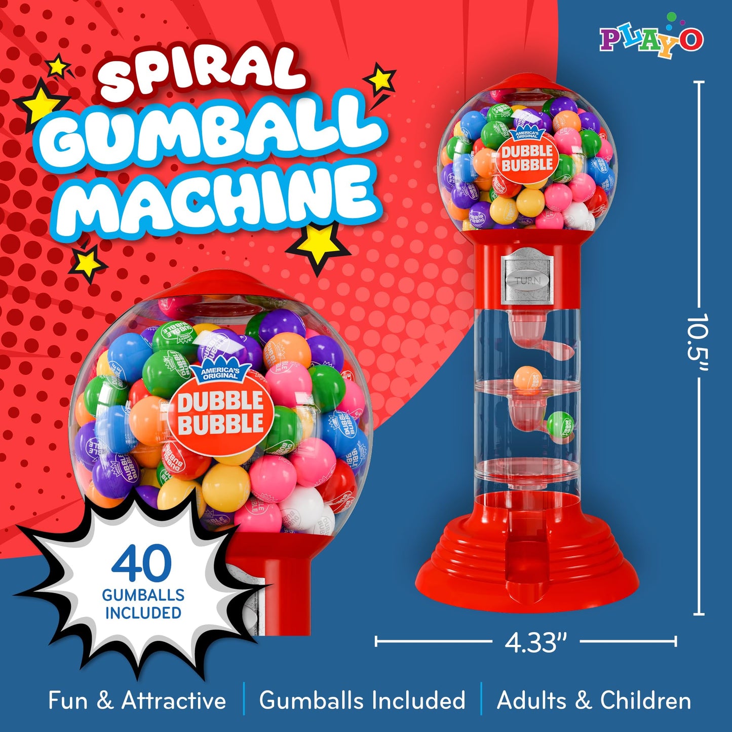 Playo 10.5'' Gumball Machine For Kids, Spiral Style Candy Dispenser For Gifts, Parties Or Events - Bubblegum Machine W/Gumb Ball