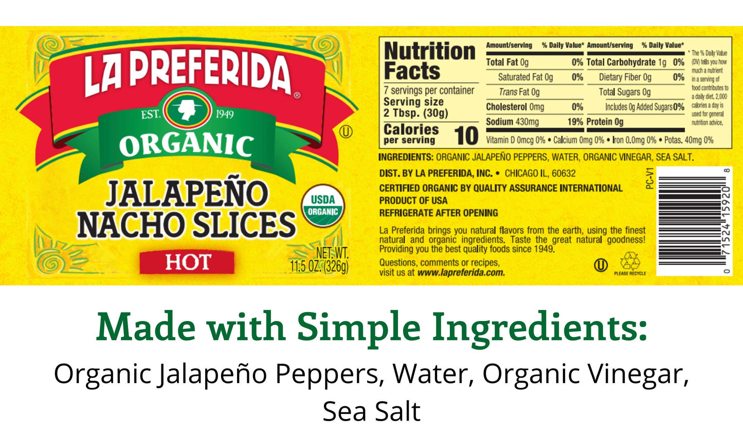 La Preferida Organic Jalapeno Nacho Slices, Hot , 11.5 Oz (Pack Of 6)