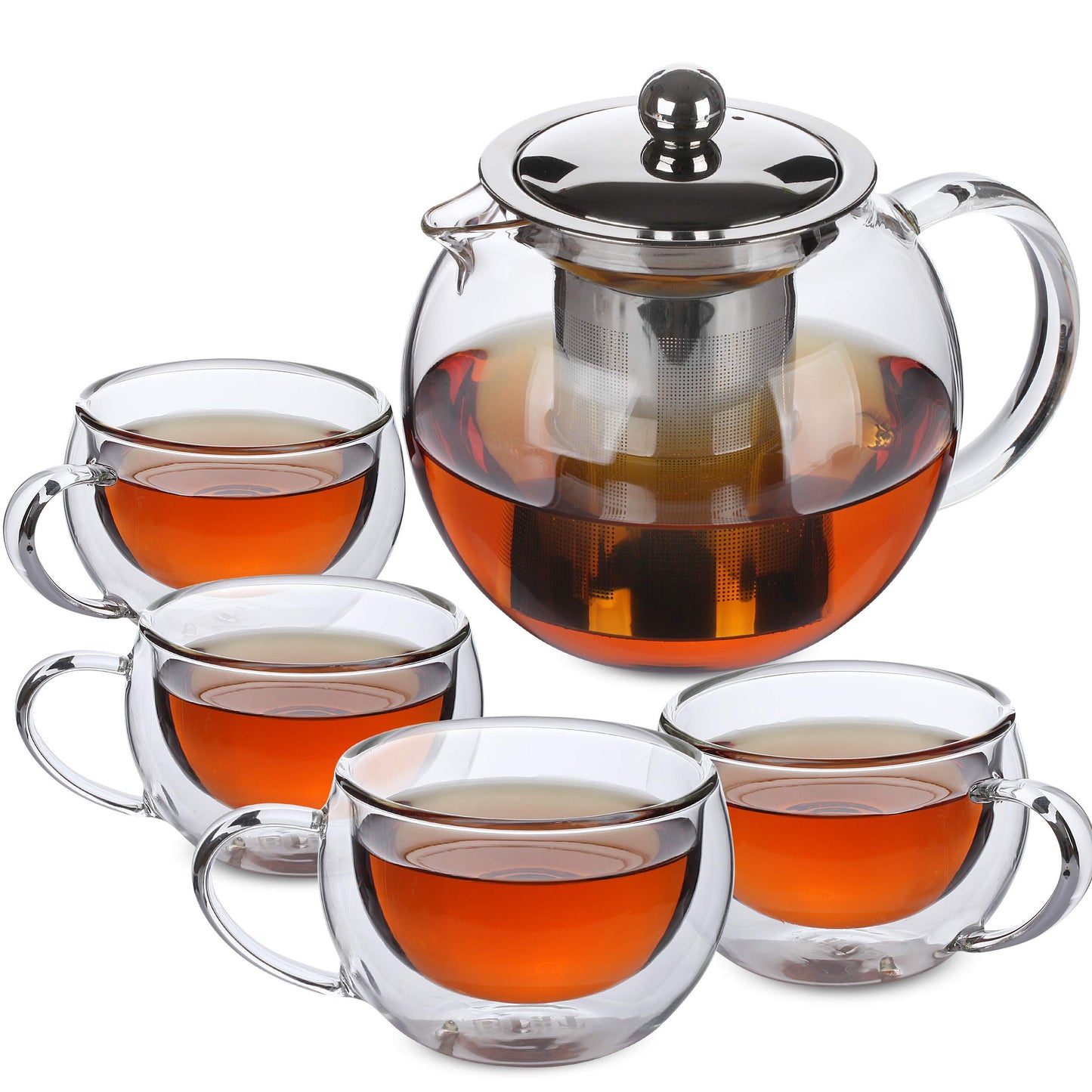 Btat- Glass Tea Pot Set, Set Of 4, Double Wall Glass Tea Cup And Kettle With Infuser, Christmas Gifts