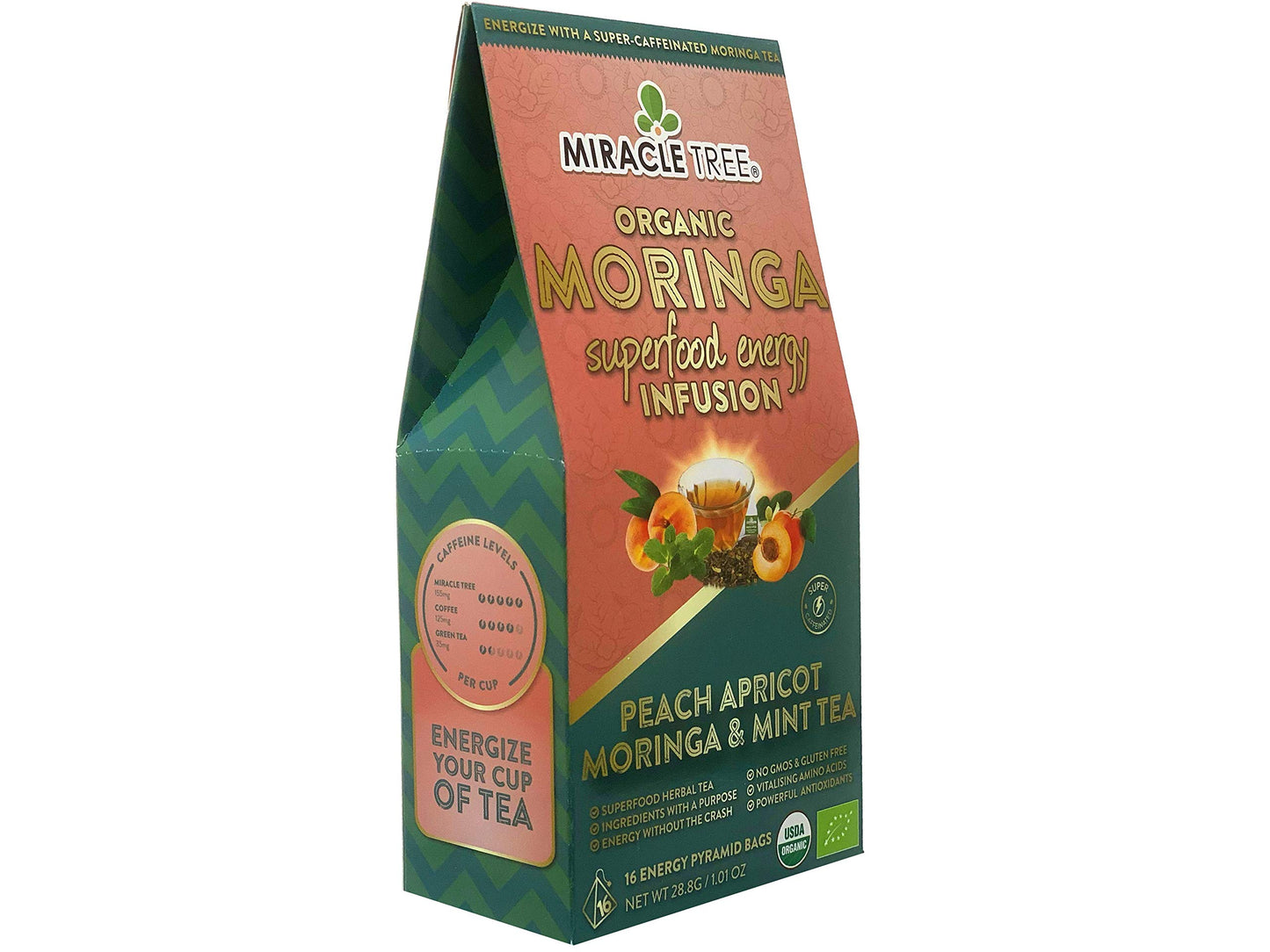 Tree Moringa Energy Tea - Peach Mint Apricot Flavor, Organic & Non-GMO, 16 Pyramid Sachets