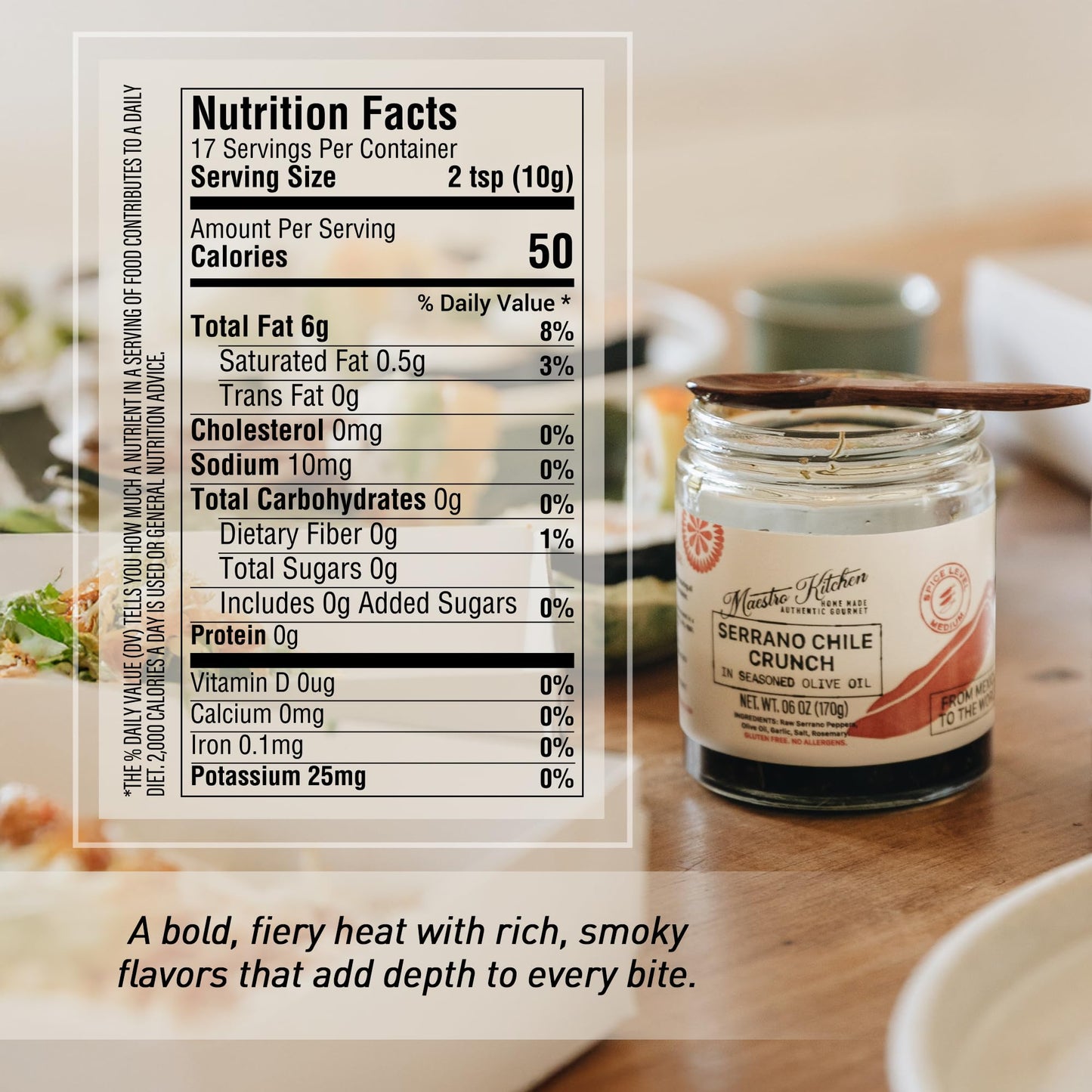 Spicy Serrano Pepper Chile Crunch Crisp 6oz - All Natural Chili Oil Hot Sauce w/ 100% Olive Oil, Garlic & Rosemary - Crunchy Mex