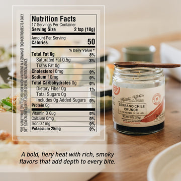 Spicy Serrano Pepper Chile Crunch Crisp 6oz - All Natural Chili Oil Hot Sauce w/ 100% Olive Oil, Garlic & Rosemary - Crunchy Mex