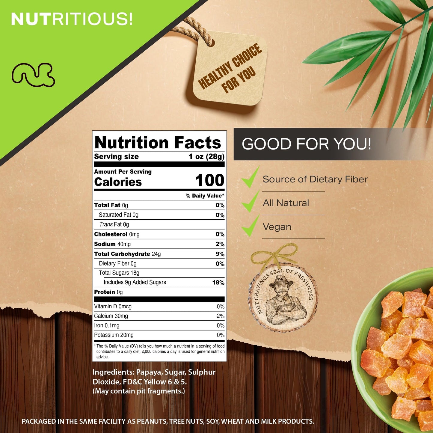 Nut Cravings Dry Fruits - Sun Dried Papaya Chunks, With Sugar Added (80Oz - 5 Lb) Packed Fresh In Resealable Bag - Sweet Snack,