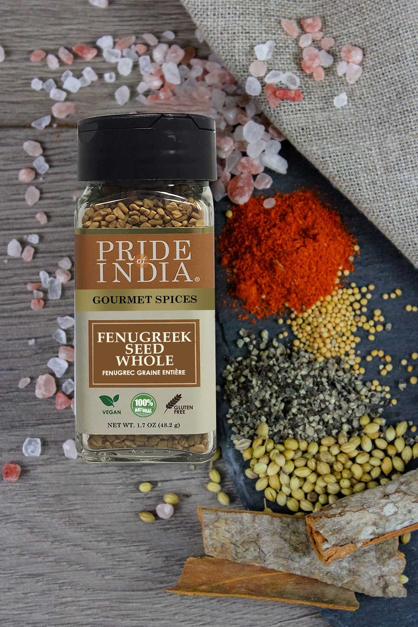 Pride Of India - Natural Fenugreek Seed Whole, 1.7 Oz (48 Gm) Dual Sifting Jar, Authentic Indian Whole Methi Seeds, Gluten & Gmo