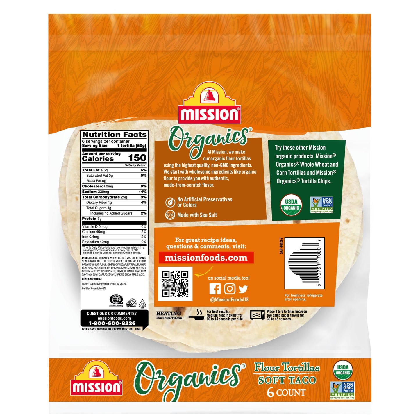 Mission Organics Flour Tortillas, Non Gmo, Trans Fat Free, Medium Soft Taco Size, 6 Count