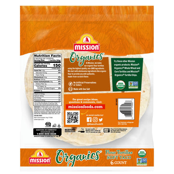 Mission Organics Flour Tortillas, Non Gmo, Trans Fat Free, Medium Soft Taco Size, 6 Count