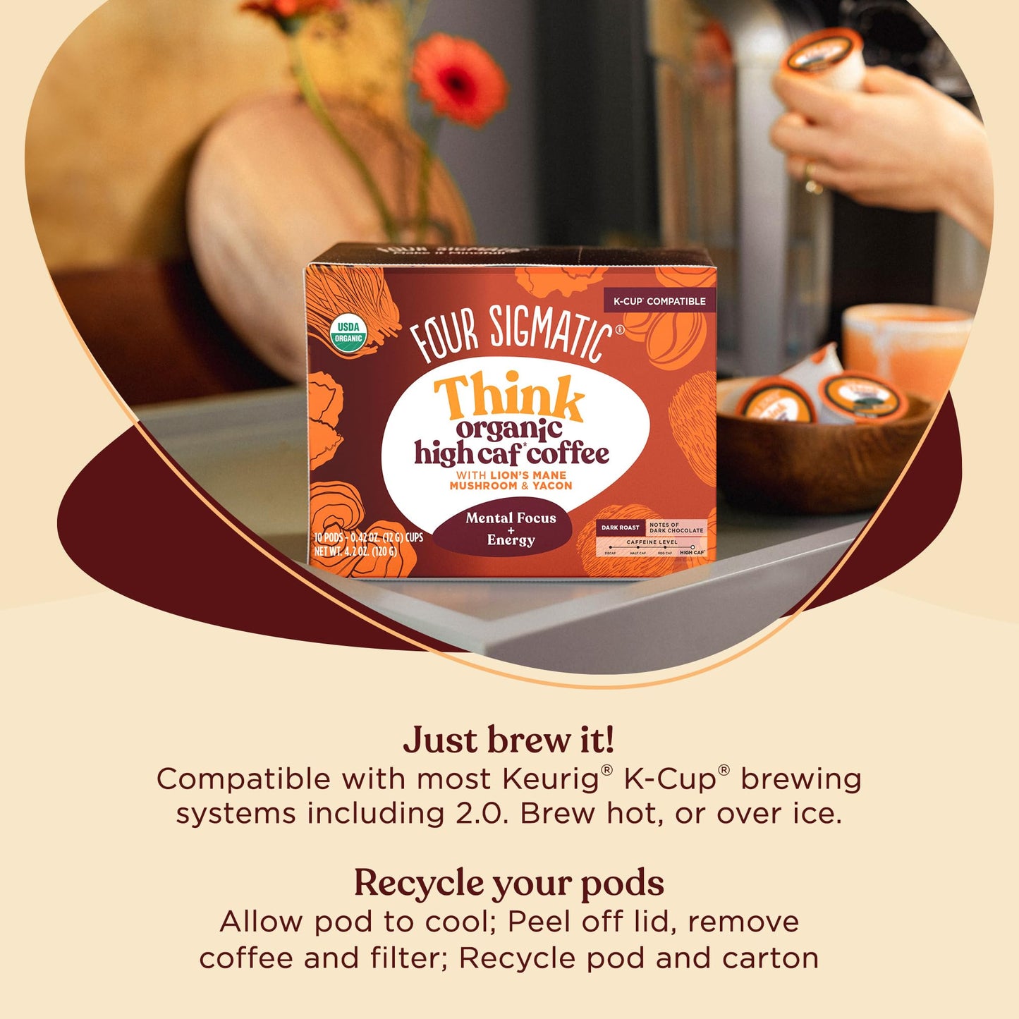 Four Sigmatic High Caffeine Mushroom Coffee K-Cups, Organic Dark Roast with Lion’s Mane & Chaga, 24 Count, Vegan & Keto
